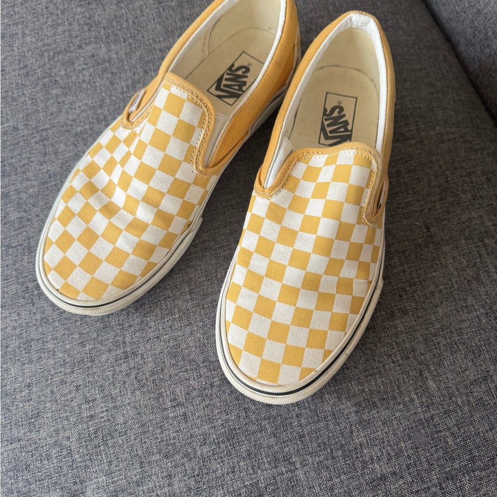 Vans Yellow and White Checkered Slip-Ons